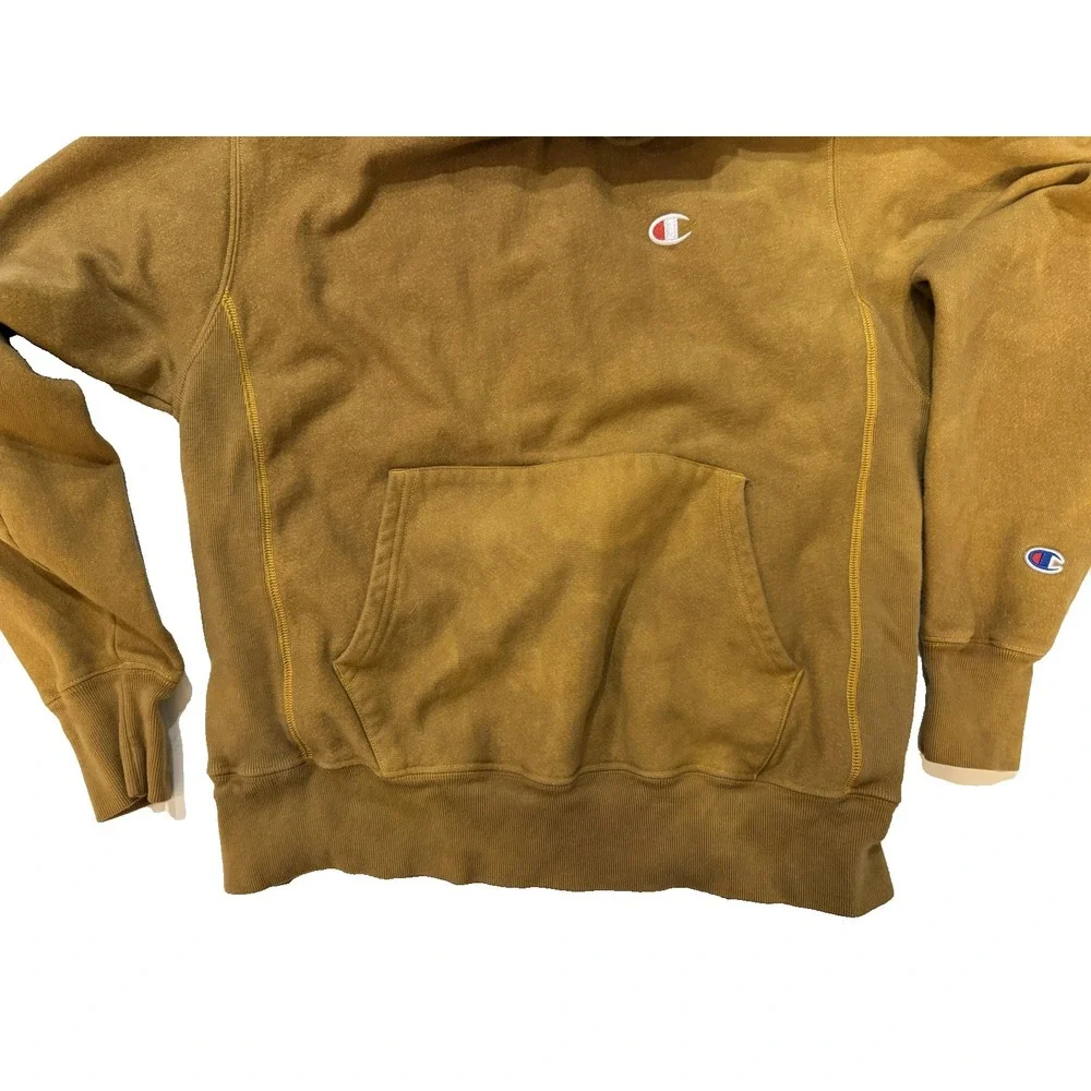 Vintage Champion Reverse Weave Hoodie Mens Med Brown Yellow Pullover Sweatshirt - Picture 2 of 7